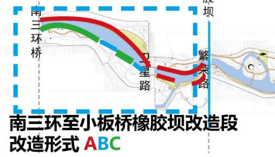 沿河区域的红色线条部分 为方案A的实施区域