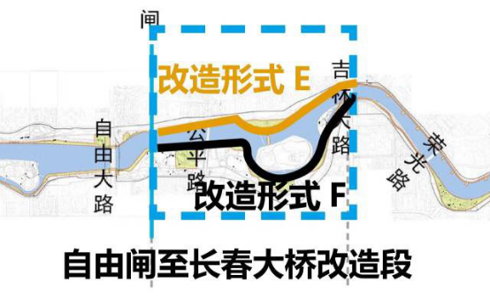 　沿河区域的黑色线条部分为方案F的实施区域